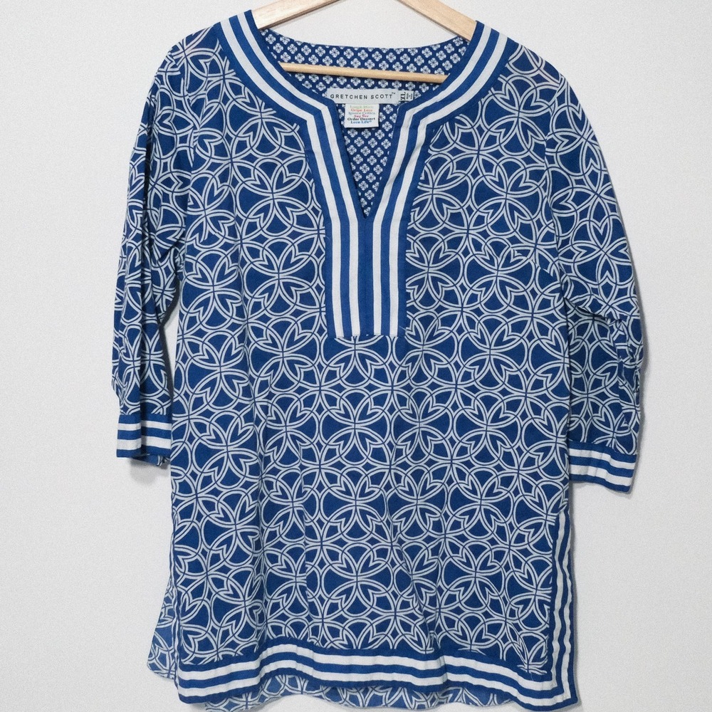 Gretchen Scott Tunic Top Blue Cotton Beach Coastal Resort Split Neck XL